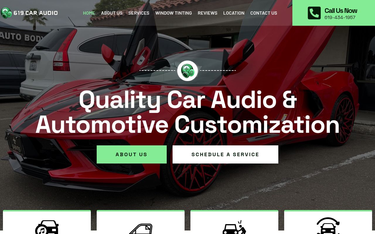 Homepage of 619 Car Audio's website