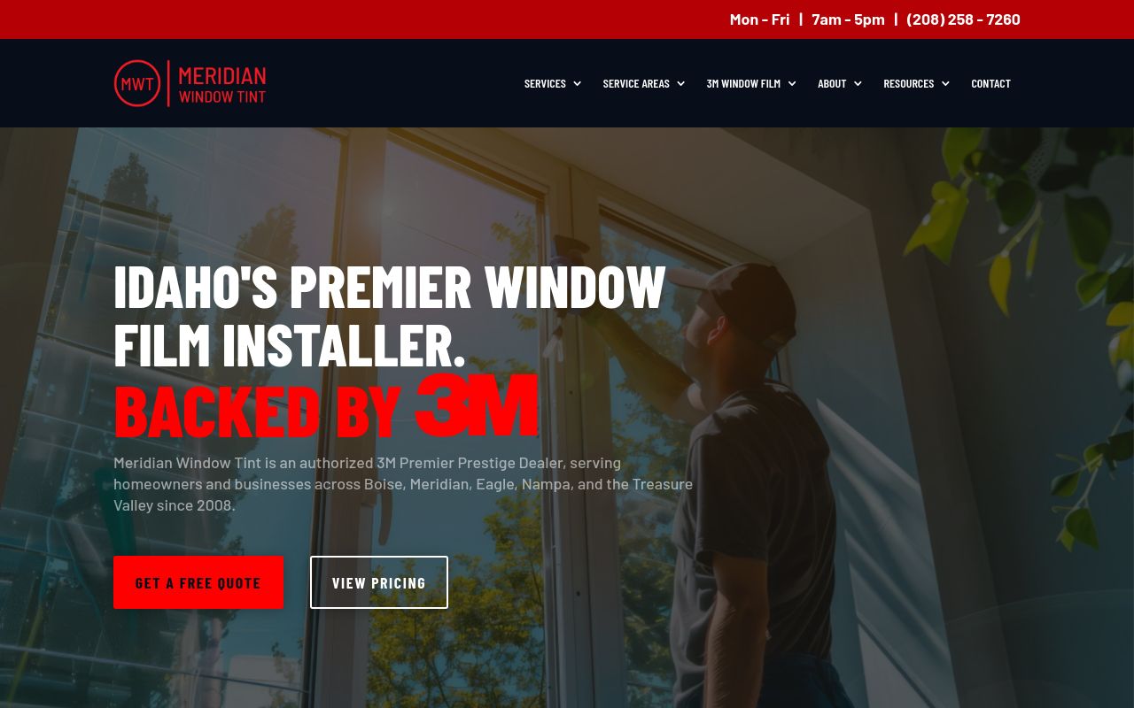 Homepage of Meridian Window Tint's website