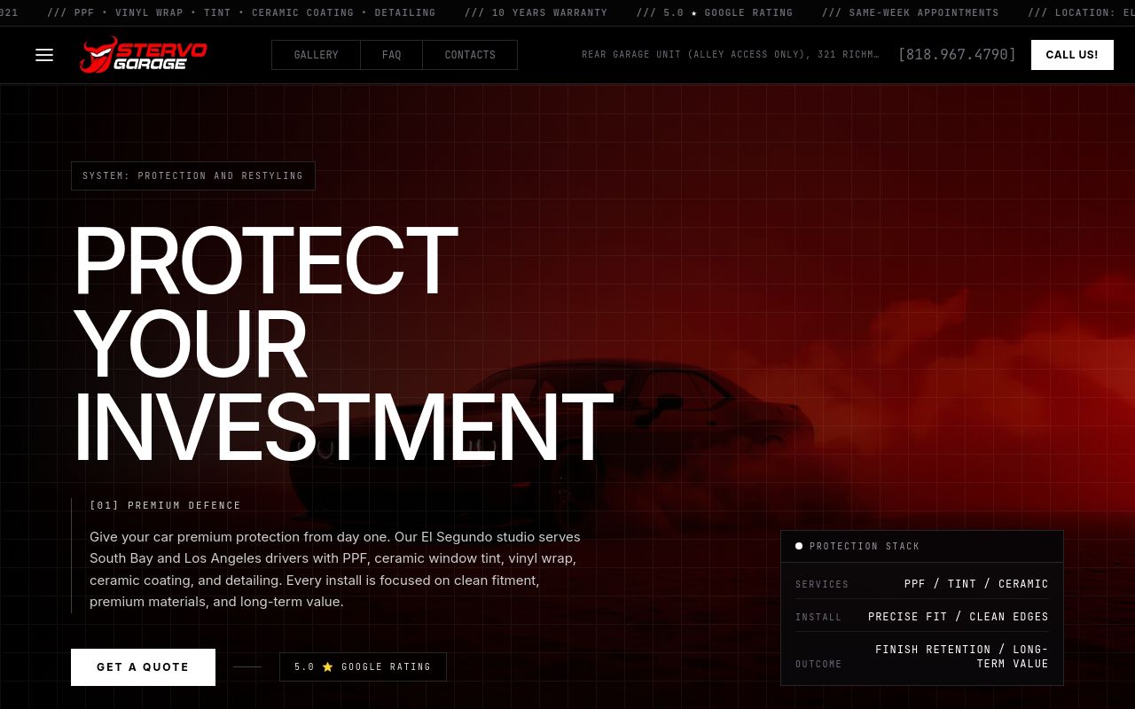 Homepage of Stervo Garage | PPF & Car Wrap's website