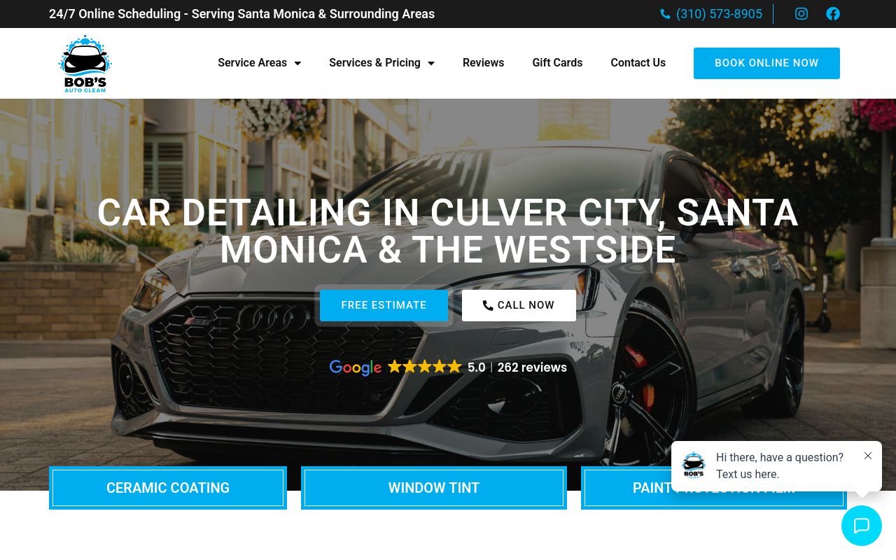Homepage of Bob's Auto Gleam Car Detailing – Ceramic Coatings, PPF, Paint Protection Film, Window Tint & Paint Correction's website