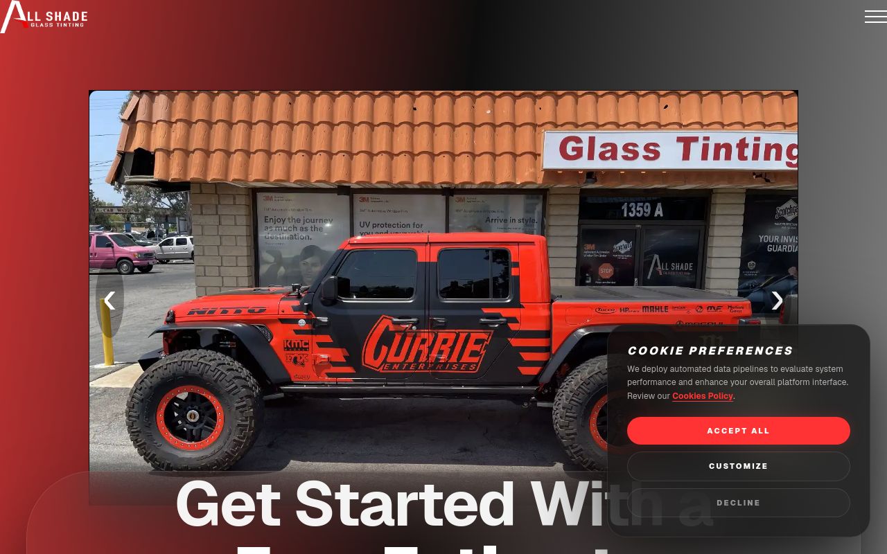 Homepage of All Shade Glass Tinting, LLC's website