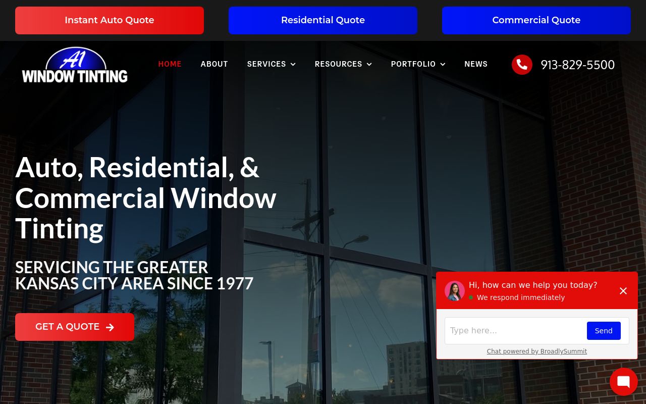 Homepage of A1 Window Tinting's website