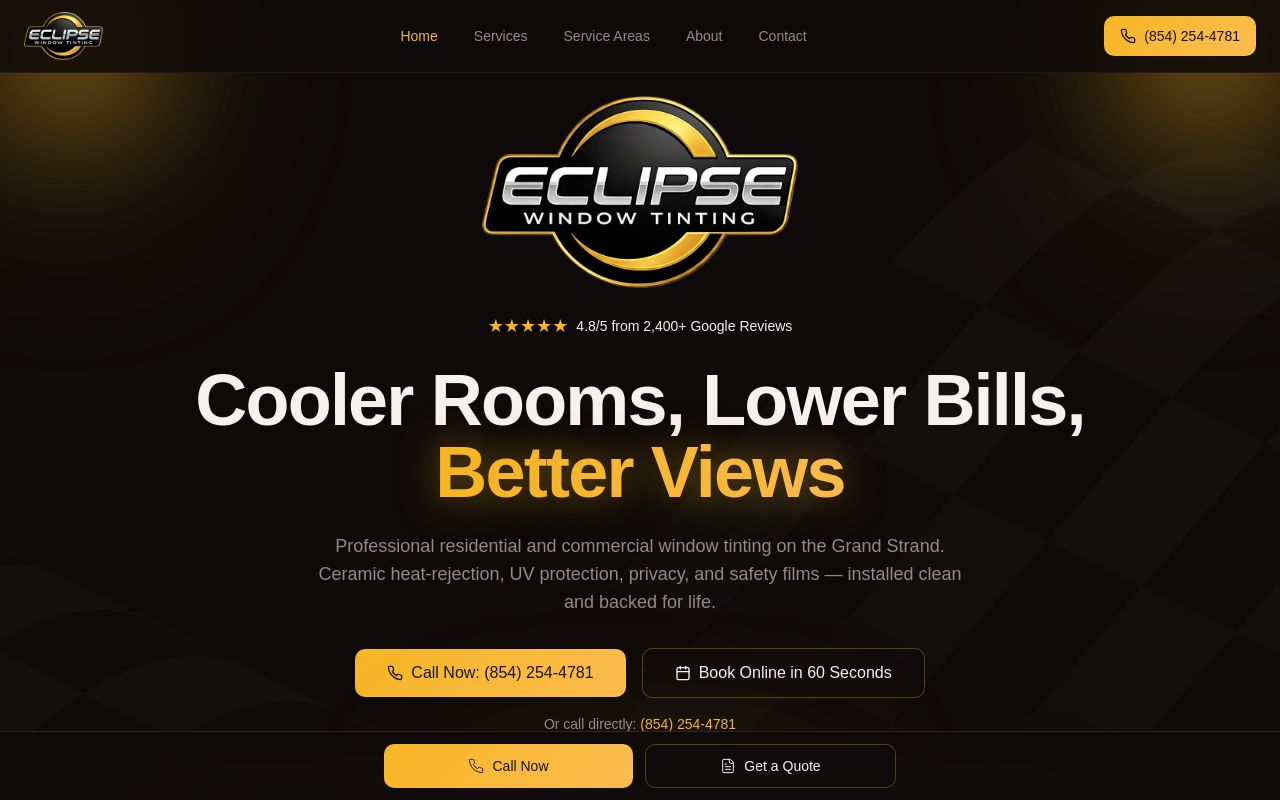 Homepage of Eclipse Window Tinting's website