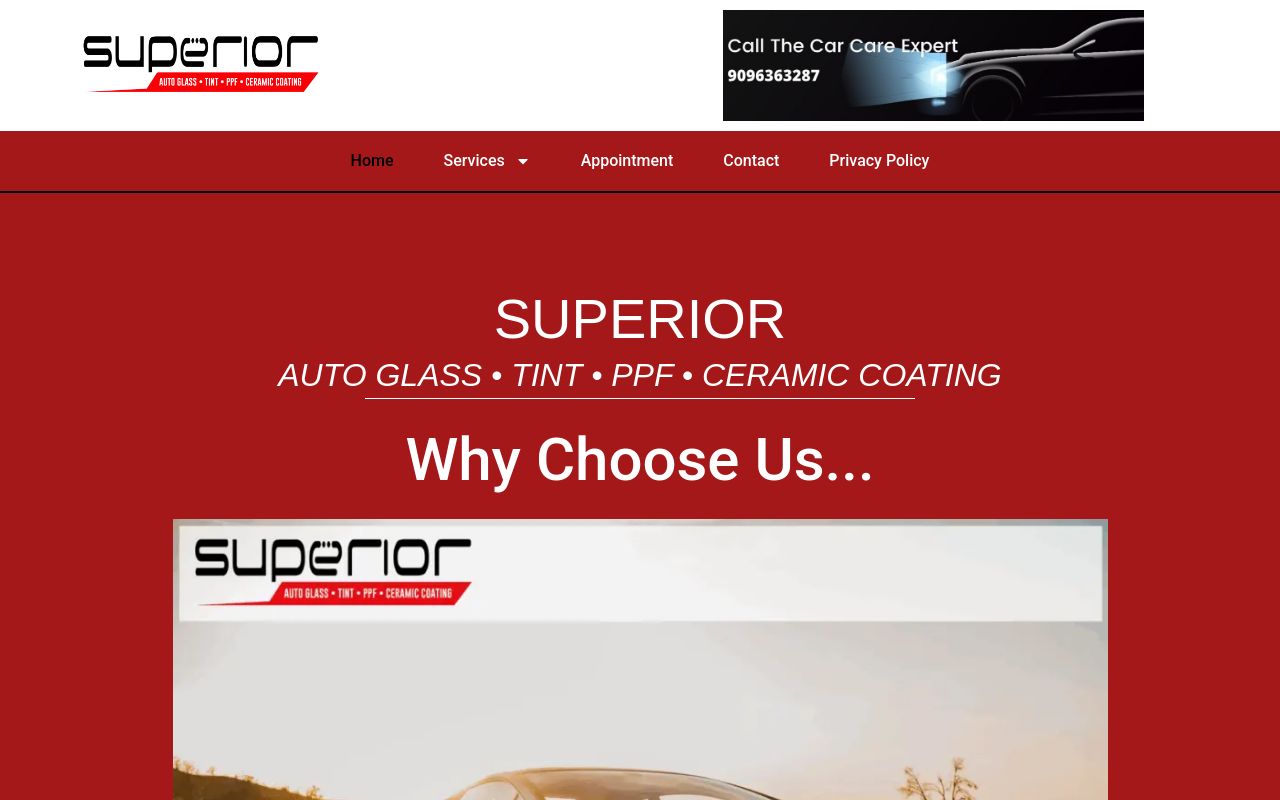 Homepage of Superior Auto Glass & Tint Shop's website