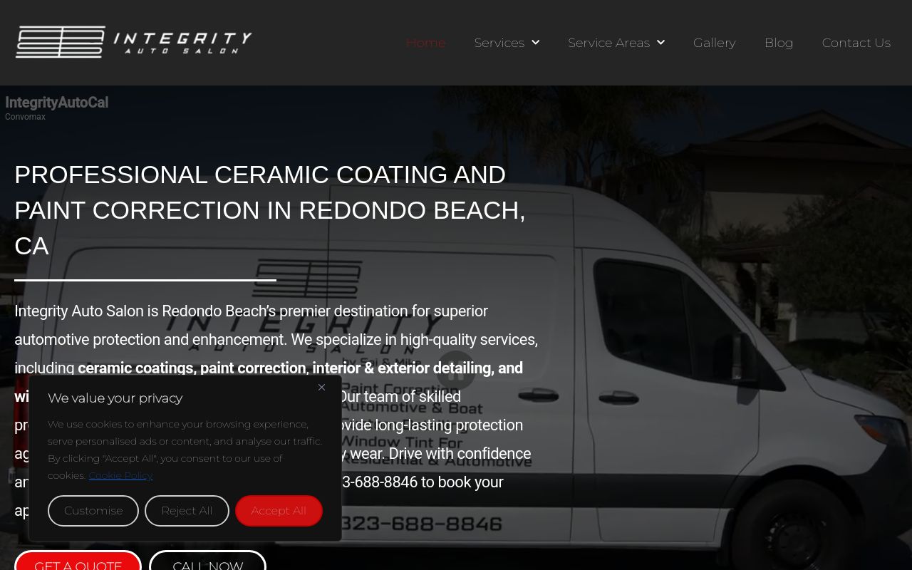 Homepage of Integrity Auto Salon - Mobile Ceramic Coating & Car Detailing's website
