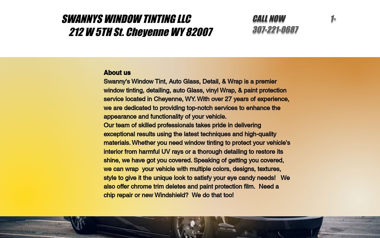 Homepage of SWANNYS WINDOW TINT, DETAIL, and AUTO GLASS LLC's website