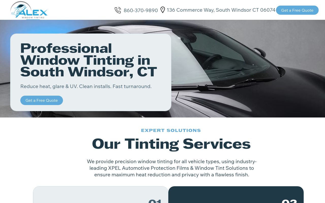 Homepage of Alex Window Tinting's website