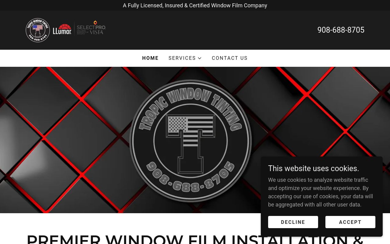 Homepage of Tropic Window Tinting's website