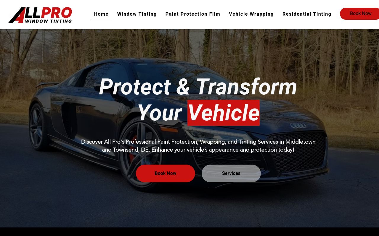 Homepage of All Pro Window Tinting LLC's website
