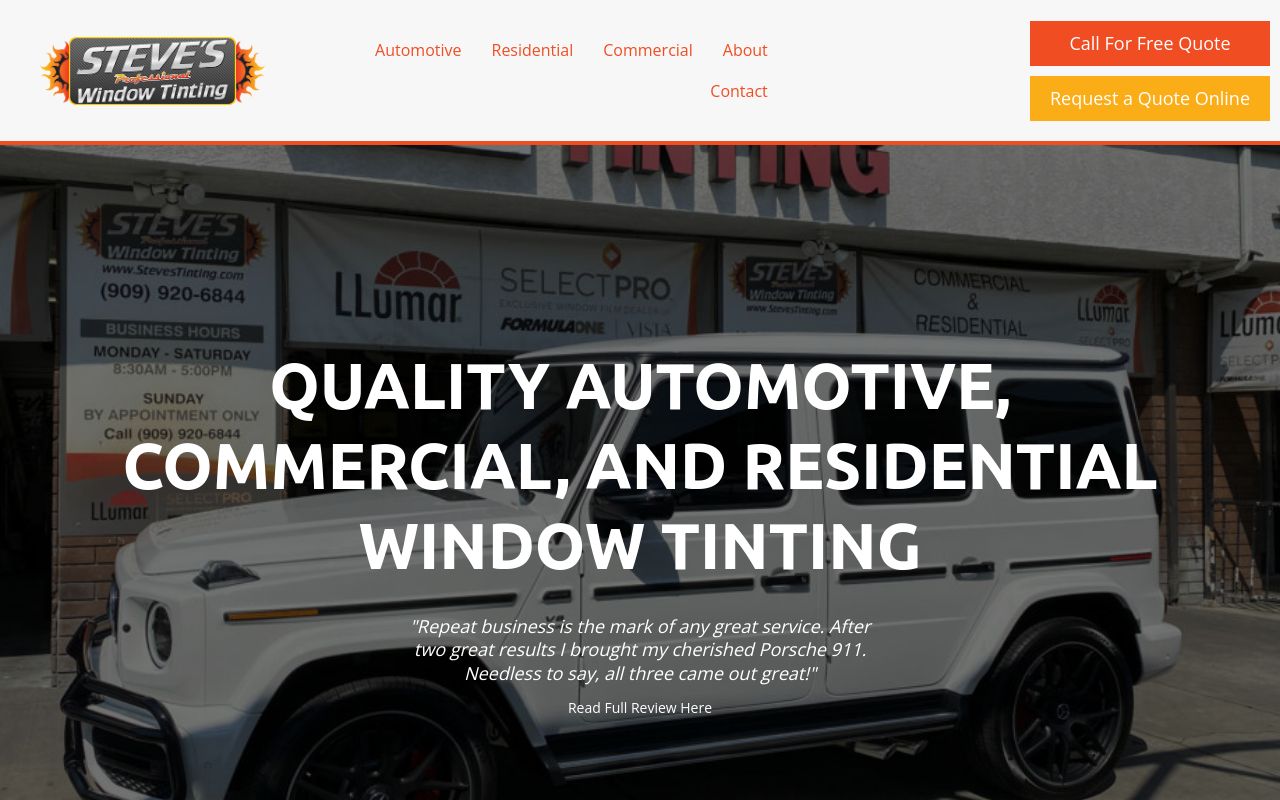 Homepage of Steve's Professional Glass Tinting & Auto Security's website