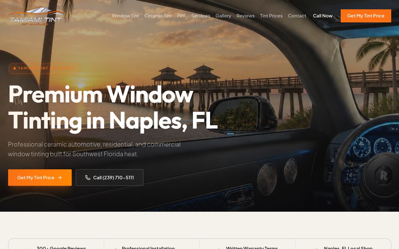 Homepage of Tamiami Tint of Naples's website