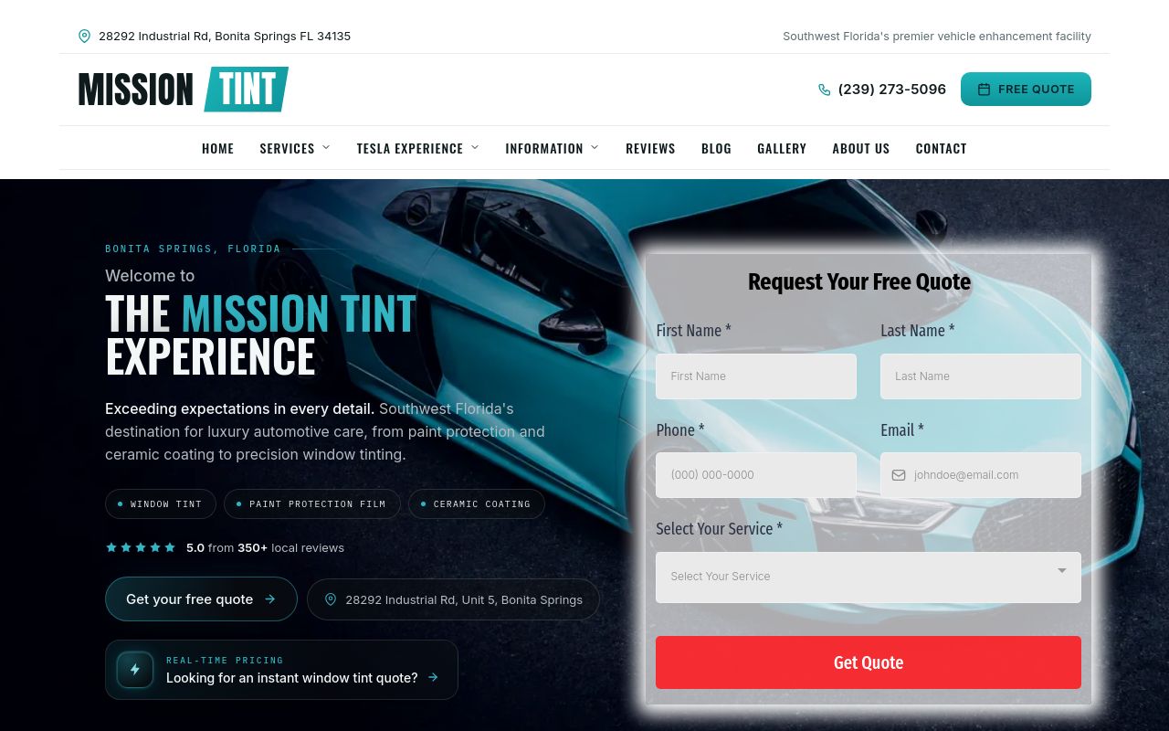 Homepage of Mission Tint's website