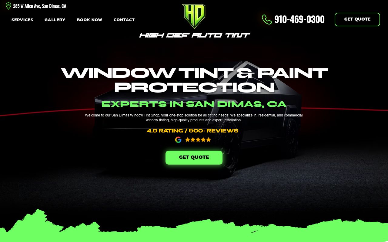 Homepage of High Def Auto Tint's website