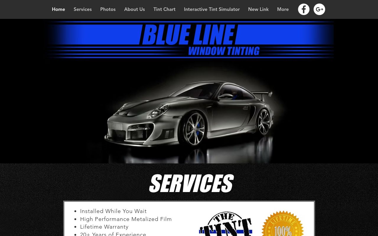 Homepage of Blue Line Window Tinting's website