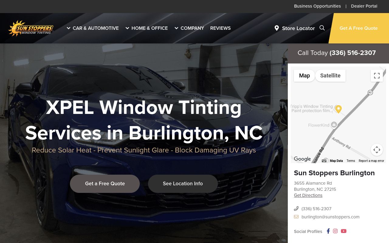 Homepage of Tripp's Window Tinting and Detail / Sun Stoppers Burlington's website