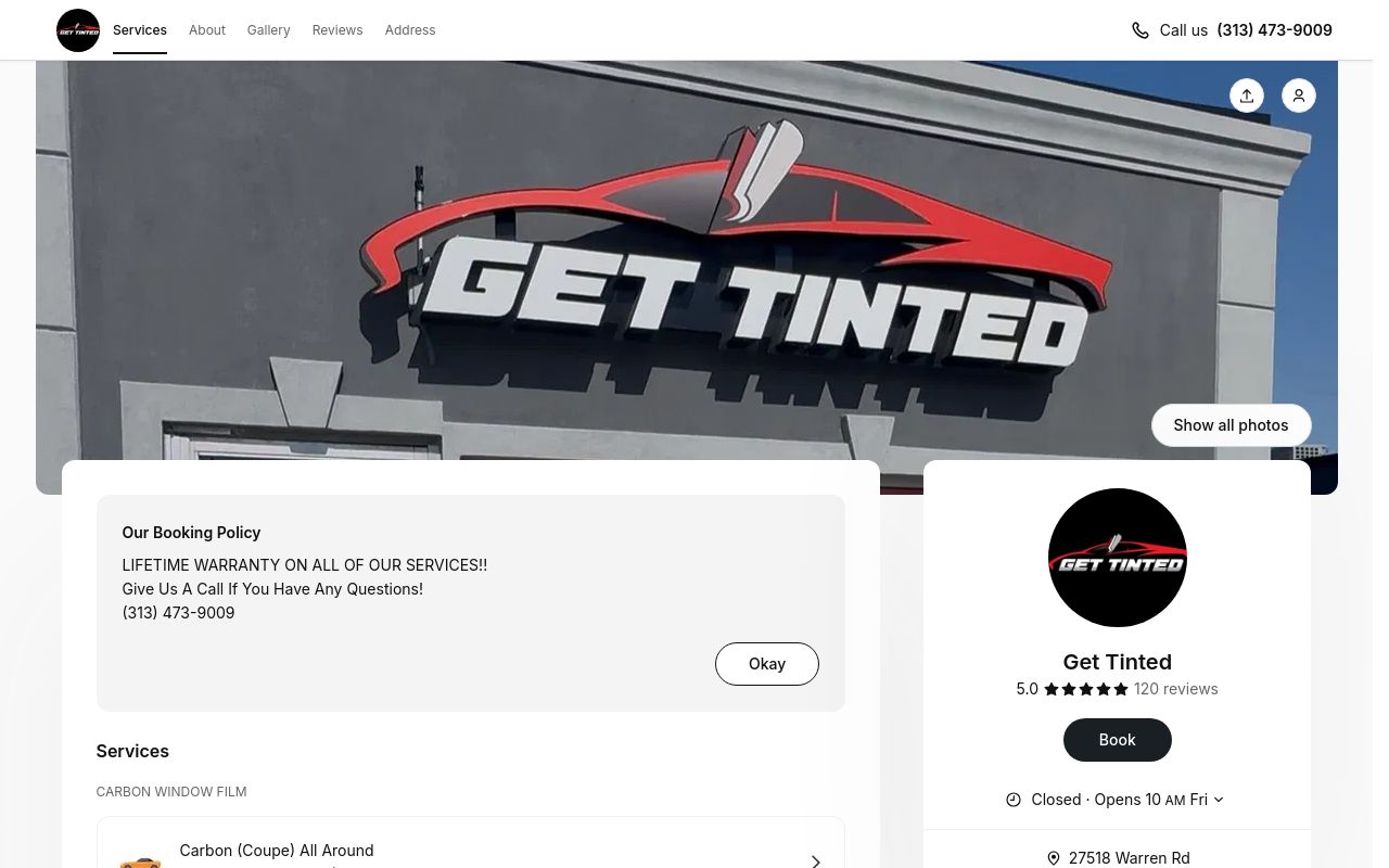 Homepage of Get Tinted's website