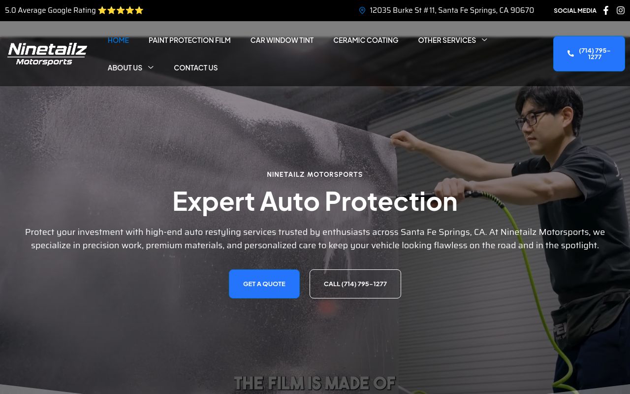 Homepage of Ninetailz Tint & PPF's website