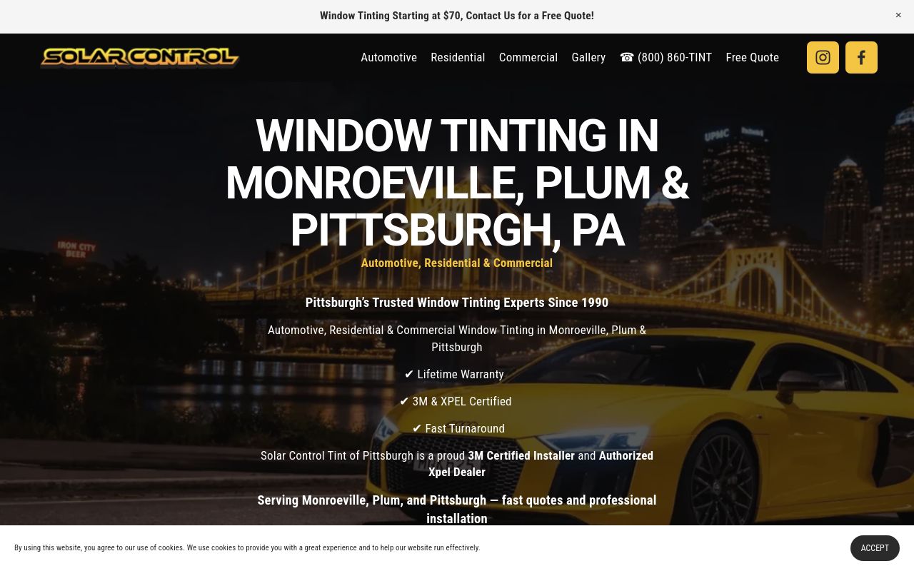 Homepage of Solar Control window window, Tinting and Blinds of Pittsburgh's website