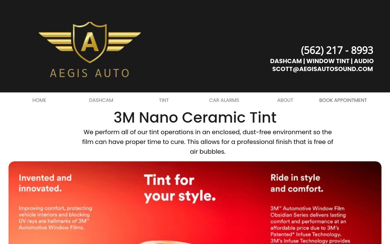 Homepage of Aegis Auto Sound & Tint 3M틴트 블랙박스 3M Authorized Dealer Dash Cam's website