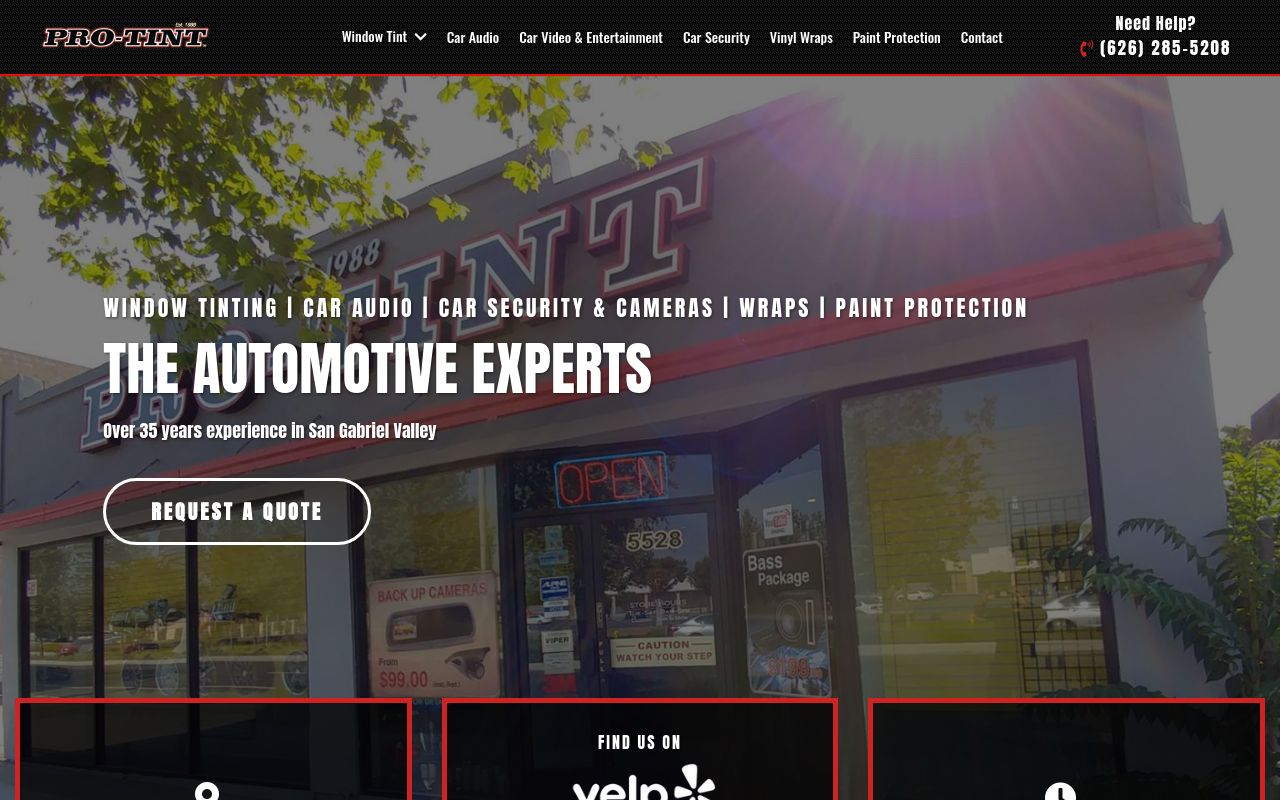 Homepage of Pro Tint Inc.'s website