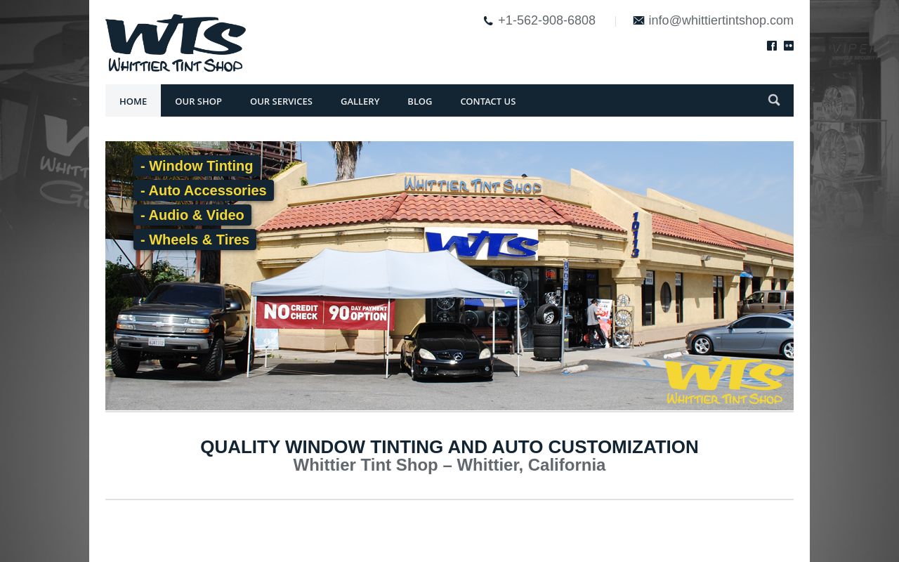 Homepage of Whittier Tint Shop's website
