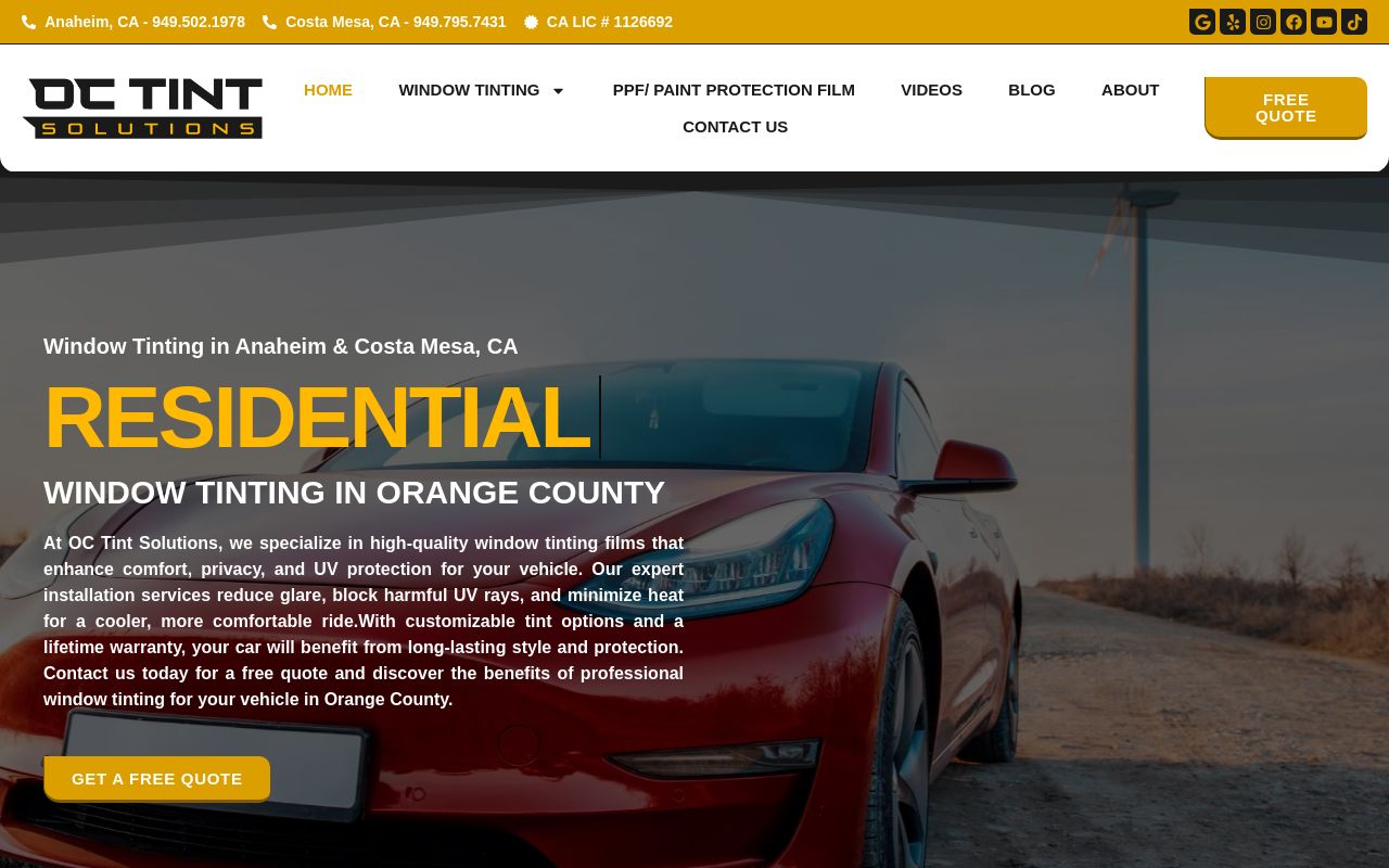 Homepage of OC Tint Solutions - Window Tinting's website
