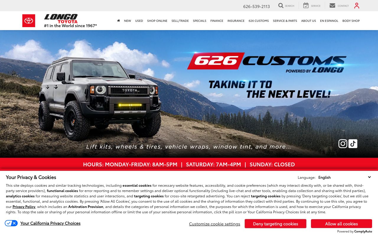 Homepage of 626 Customs's website