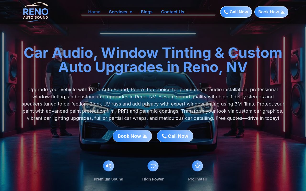 Homepage of Reno Auto Sound and Window Tinting's website