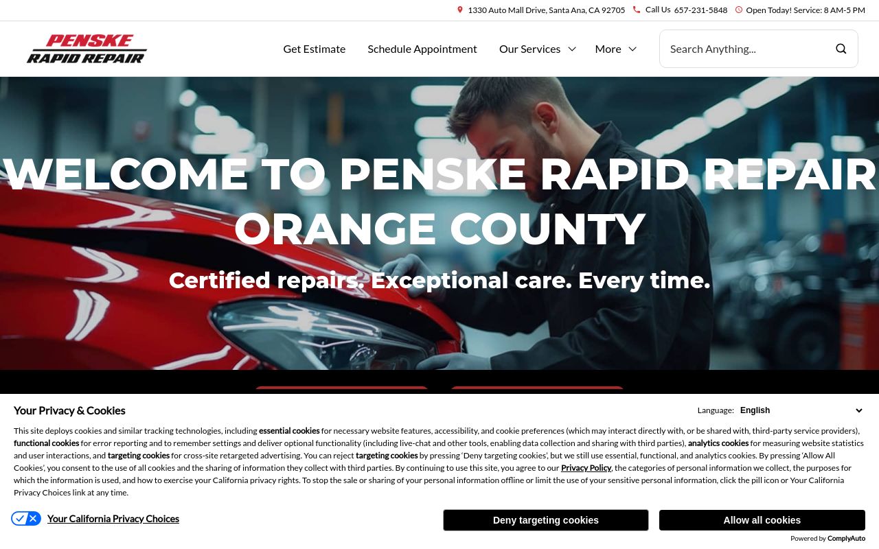 Homepage of Penske Rapid Repair Orange County's website