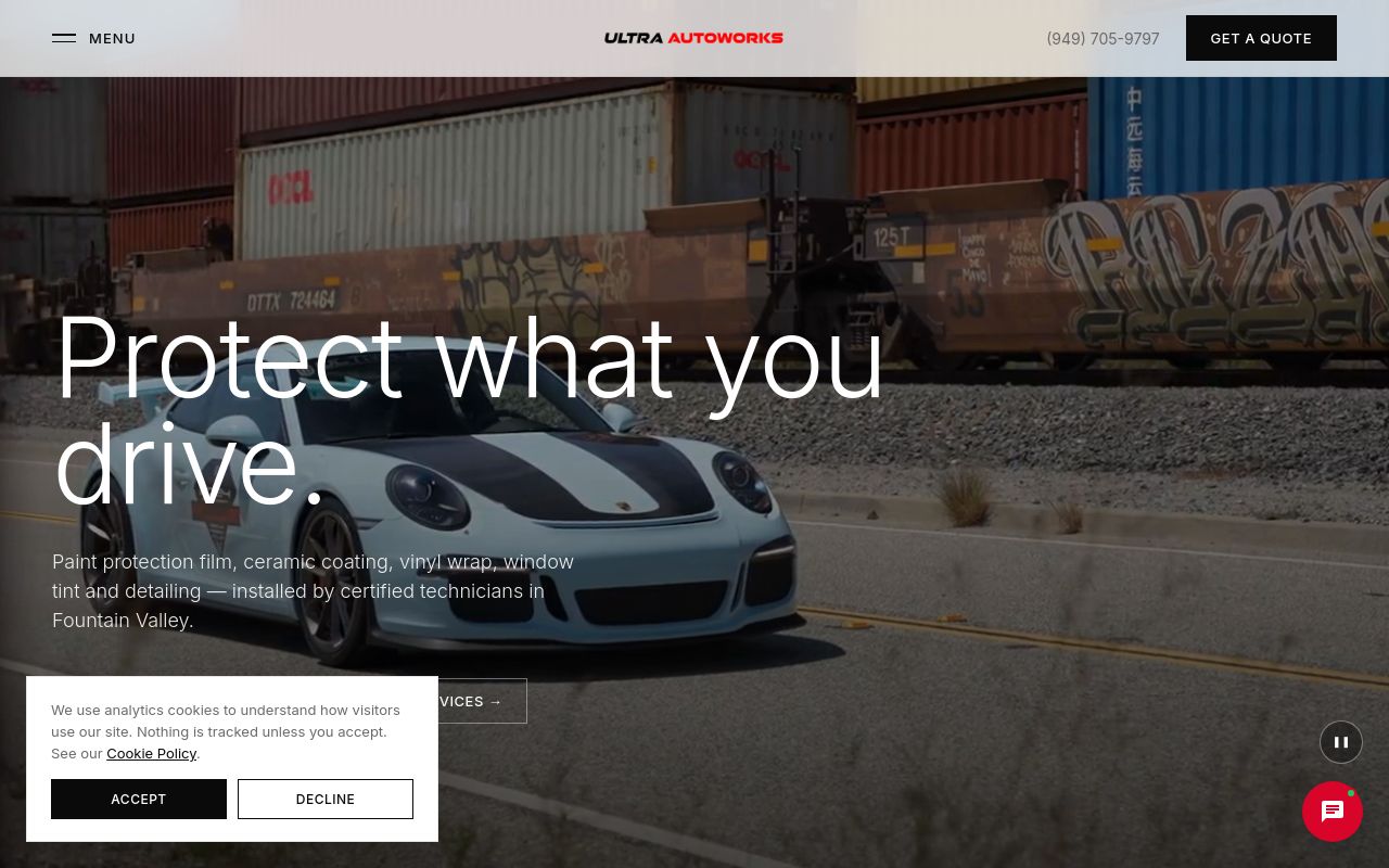 Homepage of Ultra Autoworks - PPF, Vinyl Wrap, Detailing's website