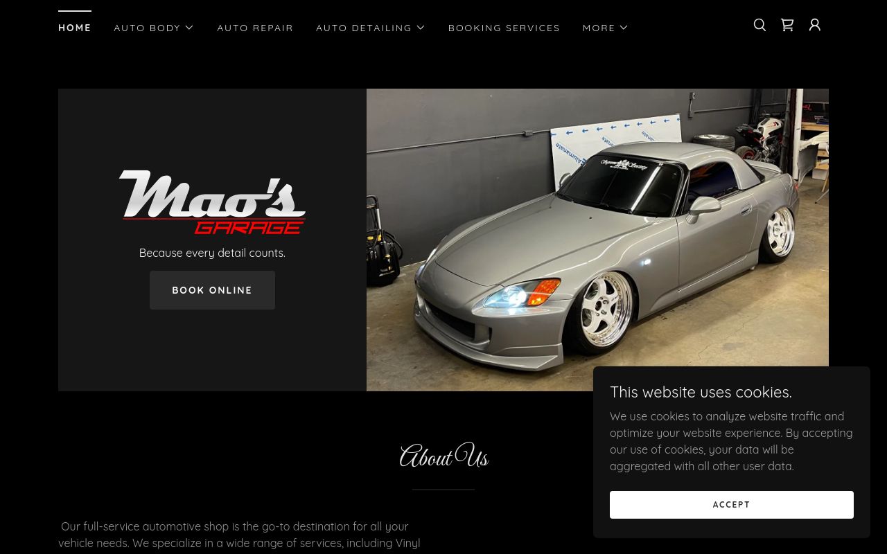 Homepage of Mao's Garage's website