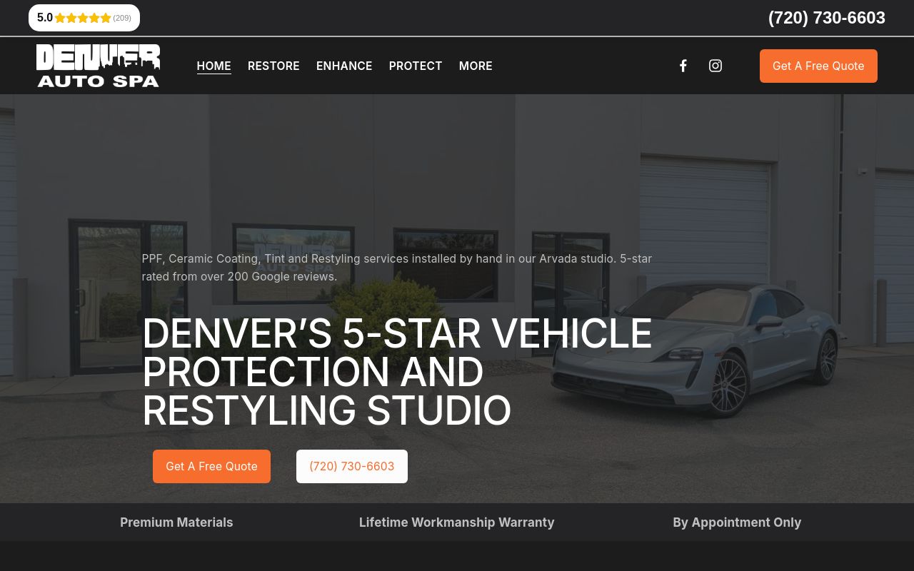 Homepage of Denver Auto Spa's website