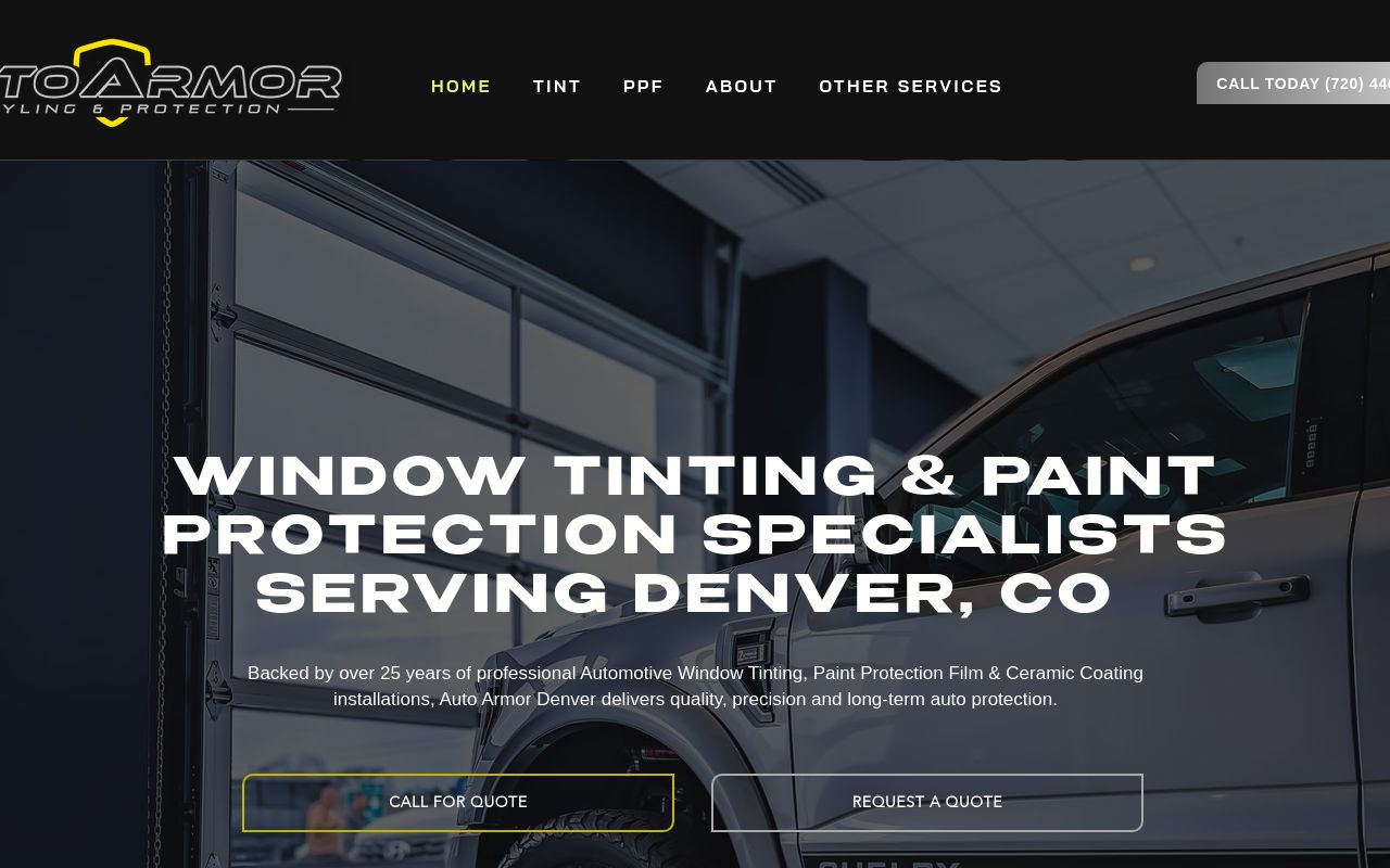 Homepage of AUTO ARMOR DENVER | Window Tinting - Clear bra - PPF & Ceramic Coatings's website