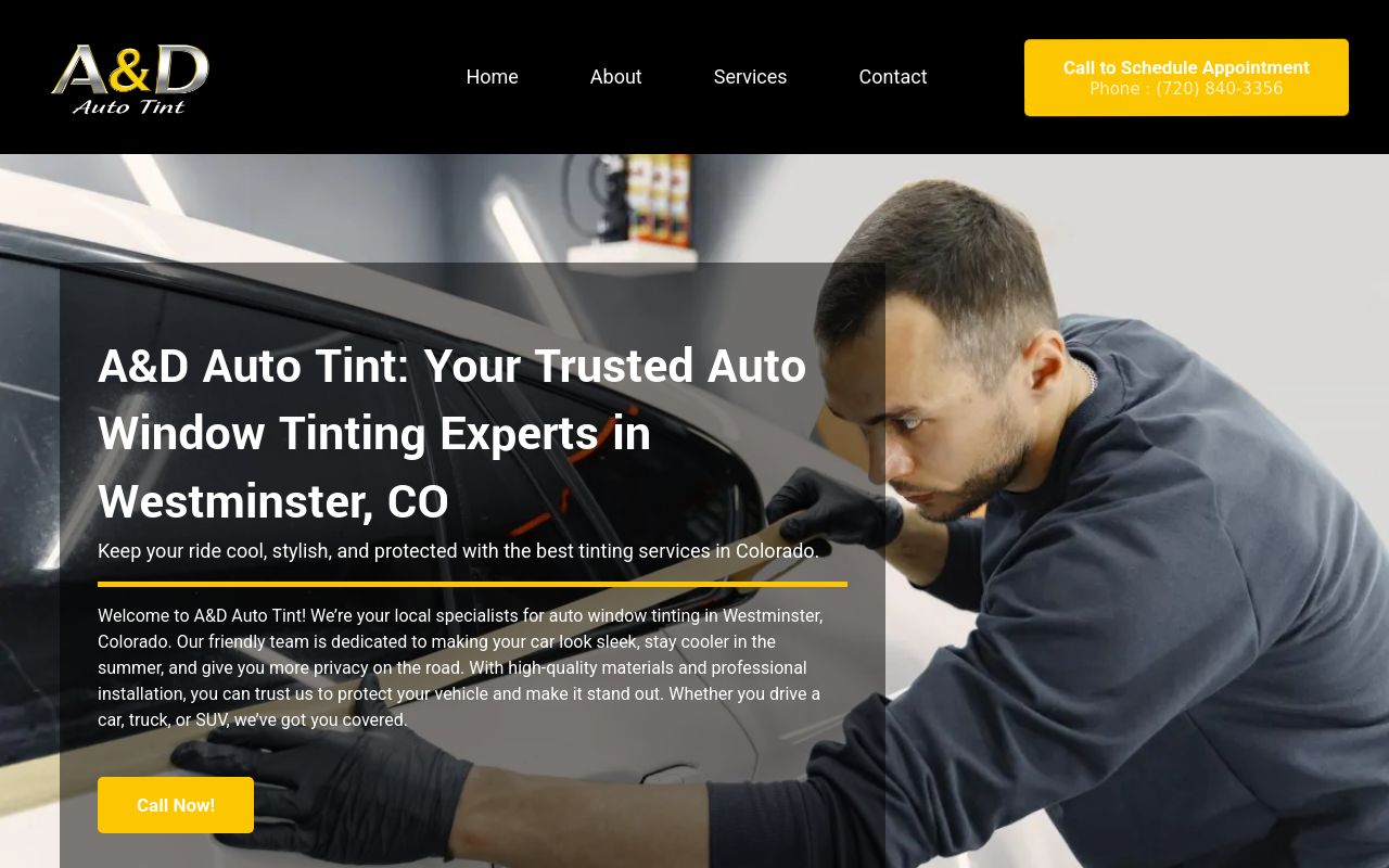 Homepage of A&D AUTO TINT's website