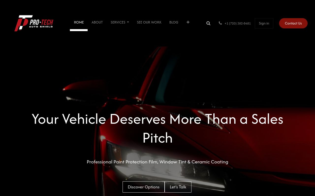 Homepage of Pro-Tech Auto Shield's website
