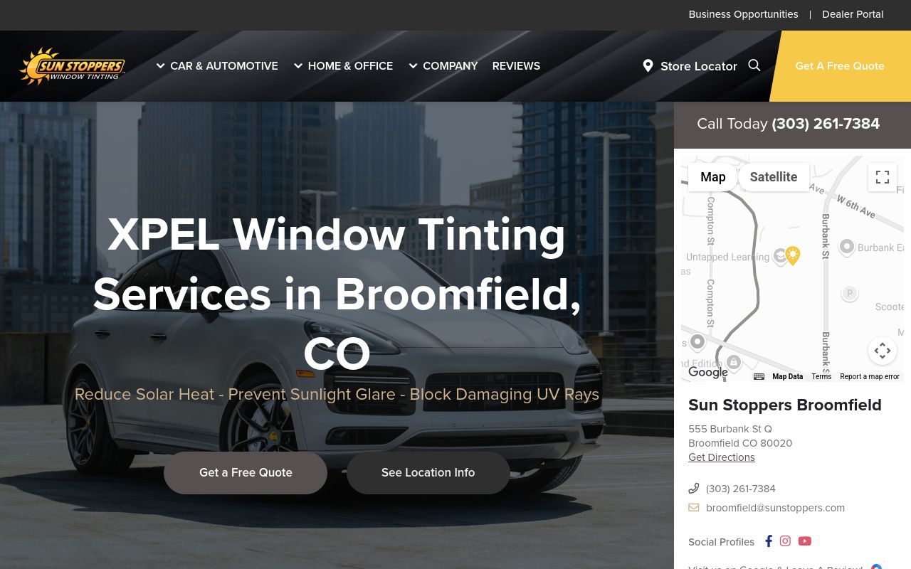 Homepage of Sun Stoppers Broomfield's website