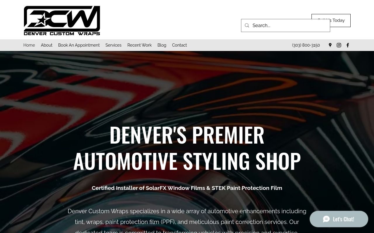 Homepage of Denver Custom Wraps - Tint • Clear Bra PPF • Detailing's website