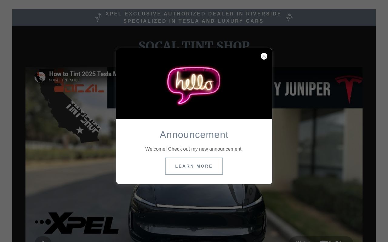 Homepage of SoCal Tint Shop's website