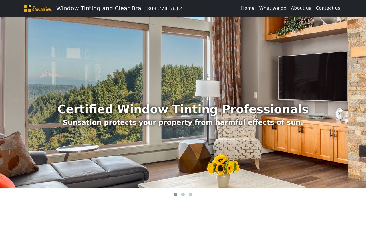 Homepage of Sunsation Window Tinting and Clear Bra's website