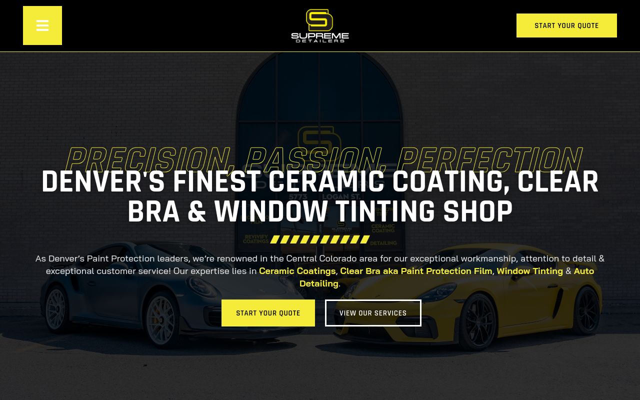 Homepage of Supreme Detailers - PPF, Ceramic Coatings, Window Tint, & Detailing's website