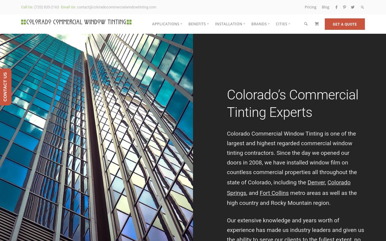 Homepage of Colorado Commercial Window Tinting's website