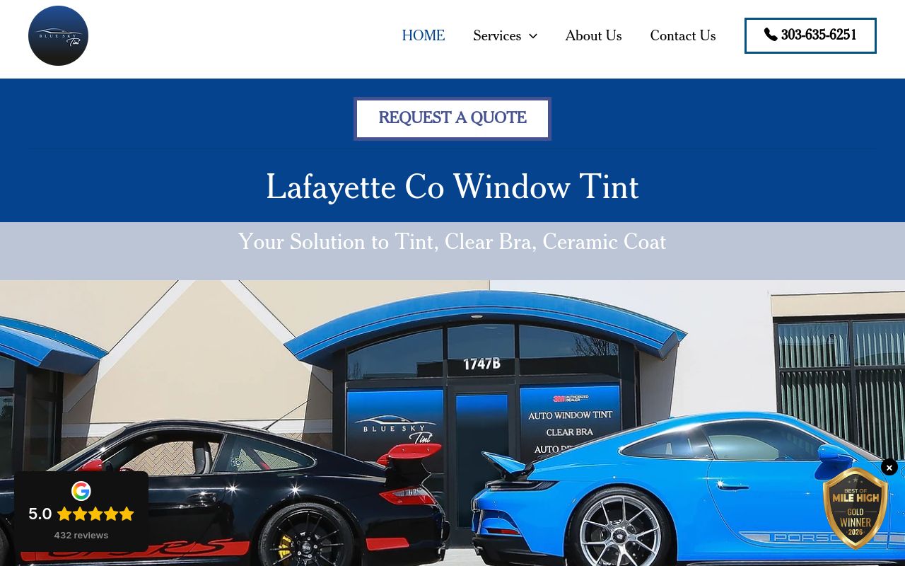 Homepage of Blue Sky Tint's website