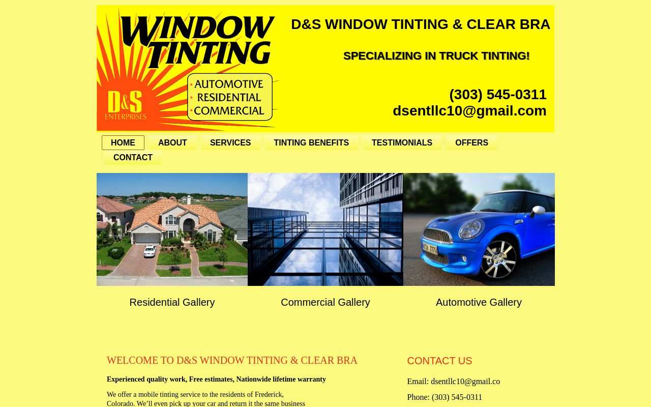 Homepage of D & S Window Tinting's website