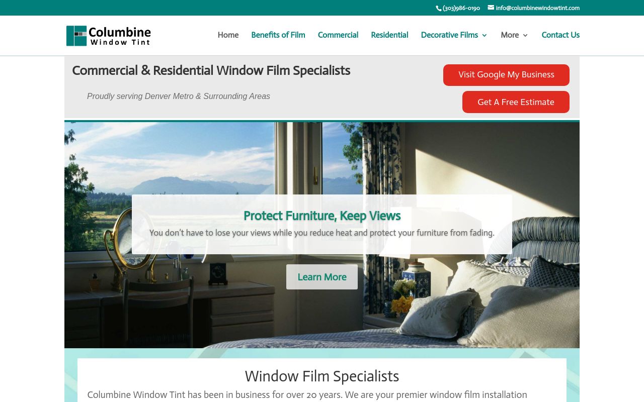Homepage of Columbine Window Tint's website
