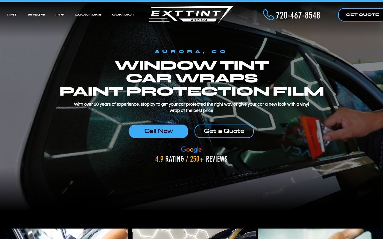 Homepage of EXT TINT LLC's website