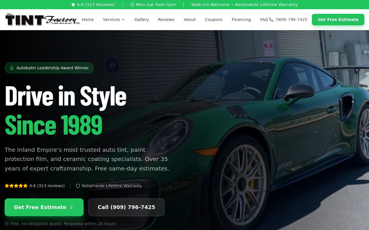 Homepage of The Tint Factory's website