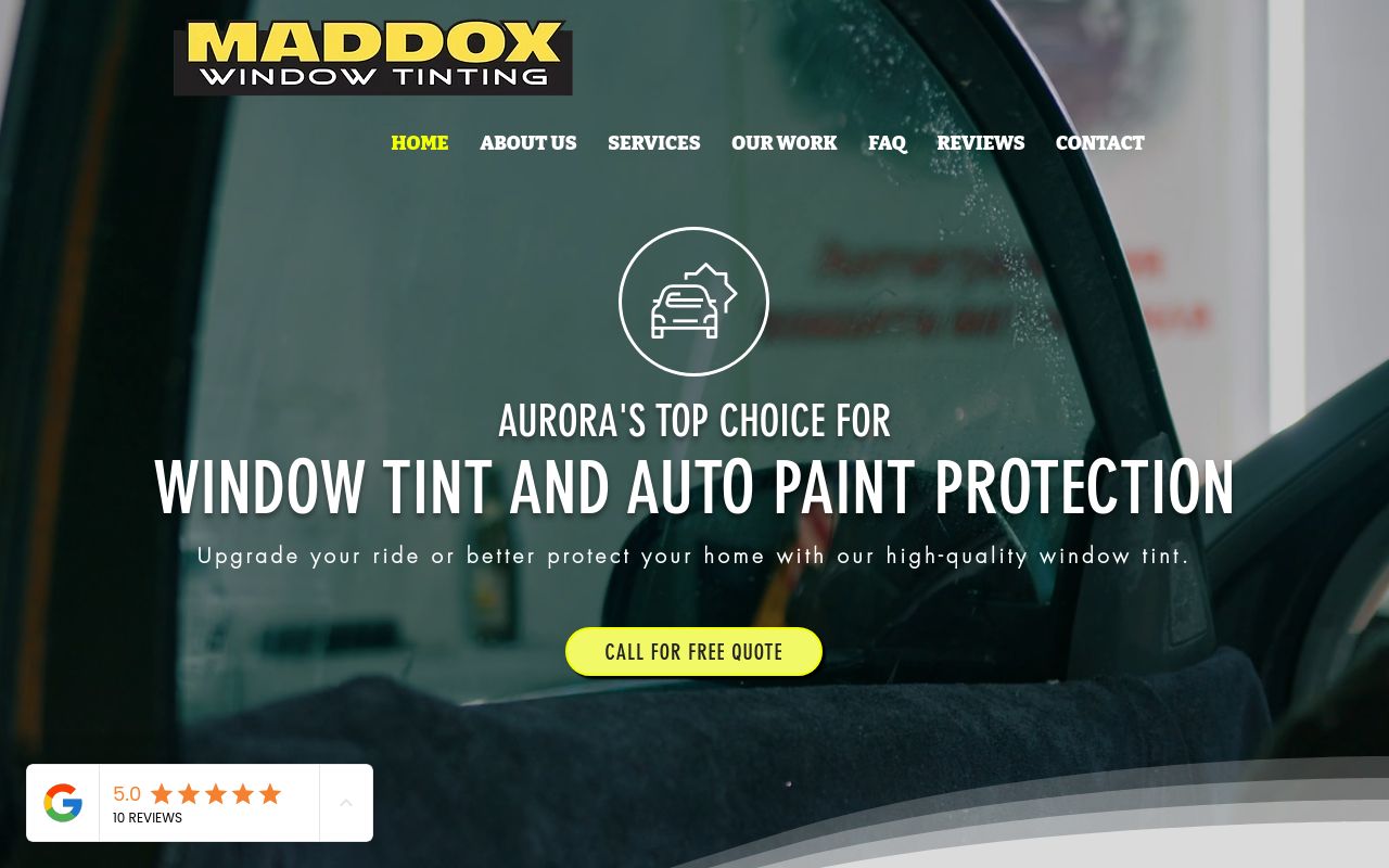 Homepage of Maddox Window Tinting's website