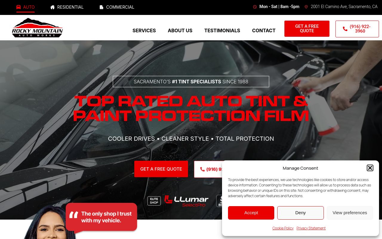 Homepage of Rocky Mountain Auto Works / Rocky Mountain Window Tint's website