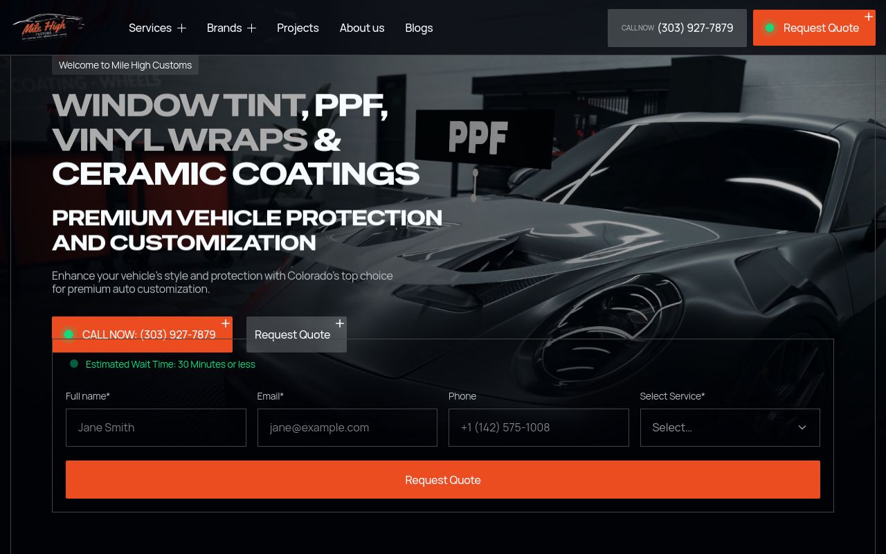 Homepage of Mile High Customs - PPF (Clear Bra) - Window Tint - Vinyl Wraps - Wheels - Performance's website