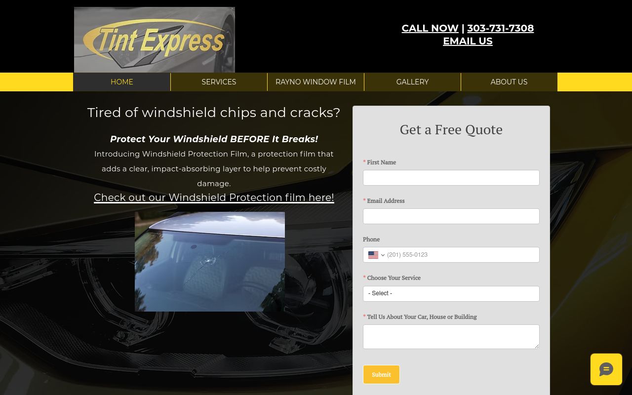 Homepage of Tint Express's website